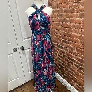 Adrianna Papell Navy and Pink Floral Maxi Dress